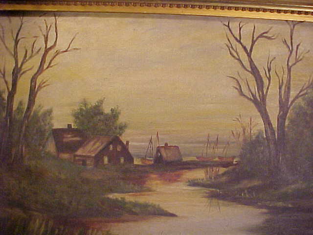 Antique Signed Gold Gild Frame River Scene Oil on Canvas Painting Antique Signed Gold Gild Frame River Scene Oil on Canvas Painting