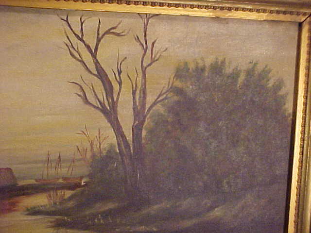 Antique Signed Gold Gild Frame River Scene Oil on Canvas Painting Antique Signed Gold Gild Frame River Scene Oil on Canvas Painting