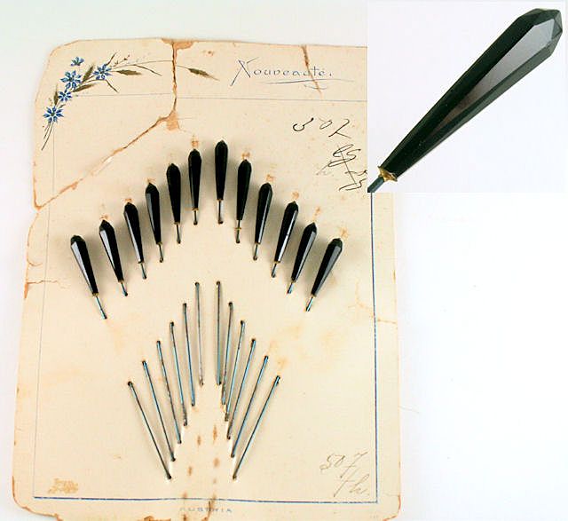 12 Hat Pins Long Austrian Faceted Black Glass on Original Store Stock Card 12 Hat Pins Long Austrian Faceted Black Glass on Original Store Stock Card