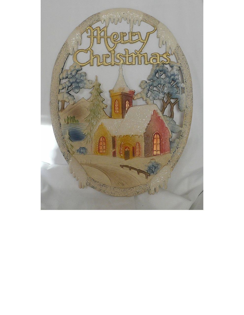 Vintage German die cut Village Church scene Merry Christmas Banner Vintage German die cut Village Church scene Merry Christmas Banner