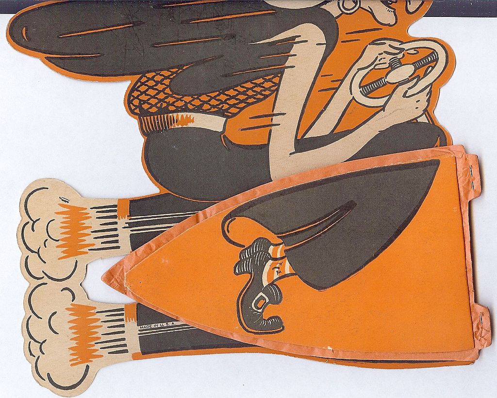 Whimsical Halloween center piece Beistle "Witch steering a rocket powered flying saucer", USA 1950s Whimsical Halloween center piece Beistle "Witch steering a rocket powered flying saucer", USA 1950s