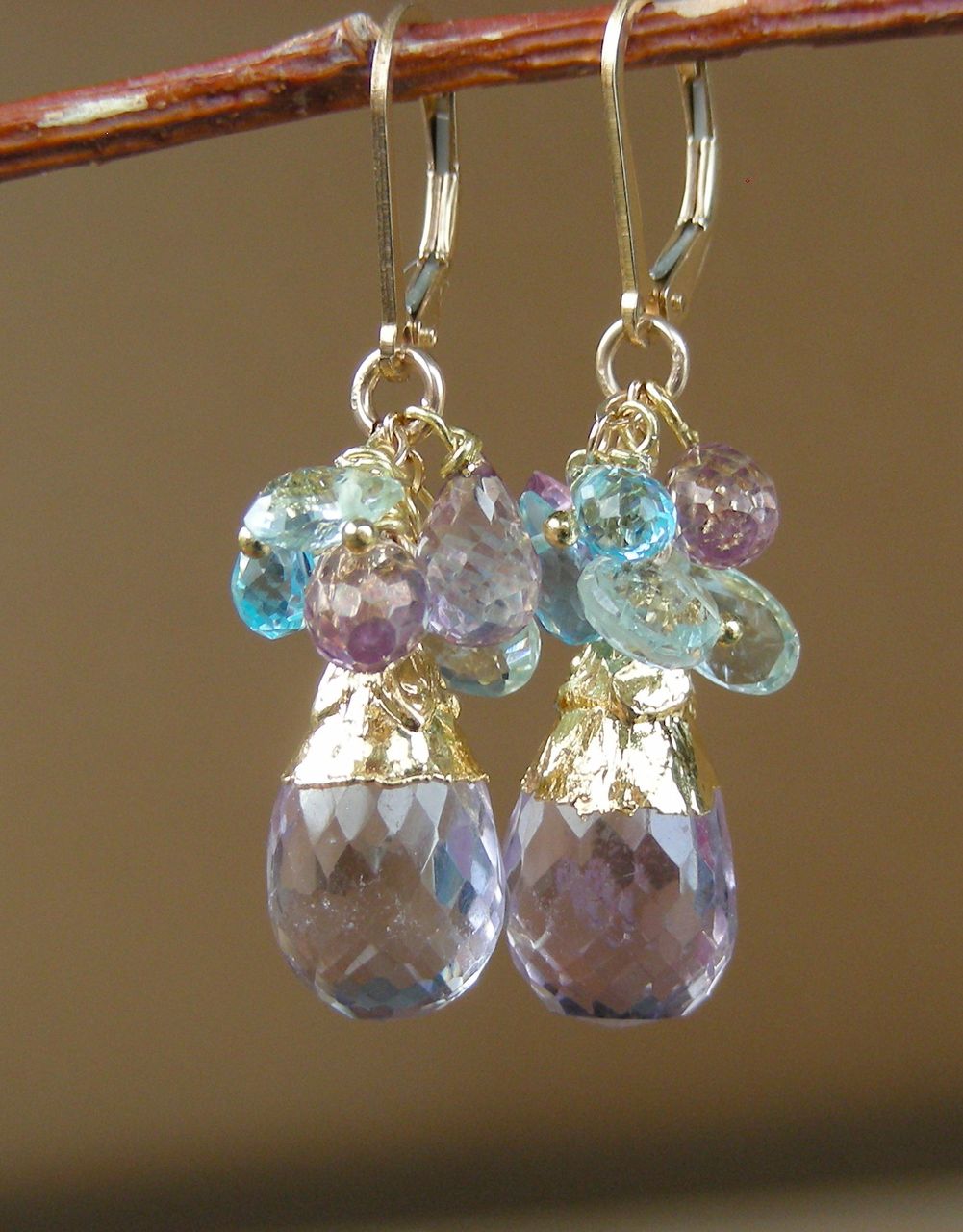 Aquamarine, Swiss Blue Topaz, Pink Amethyst, Baroque Briolette Earrings Aquamarine, Swiss Blue Topaz, Pink Amethyst, Baroque Briolette Earrings
