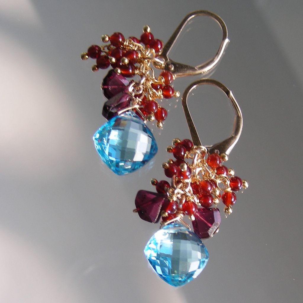 Swiss Blue Topaz and Garnet Cascade Earrings Swiss Blue Topaz and Garnet Cascade Earrings