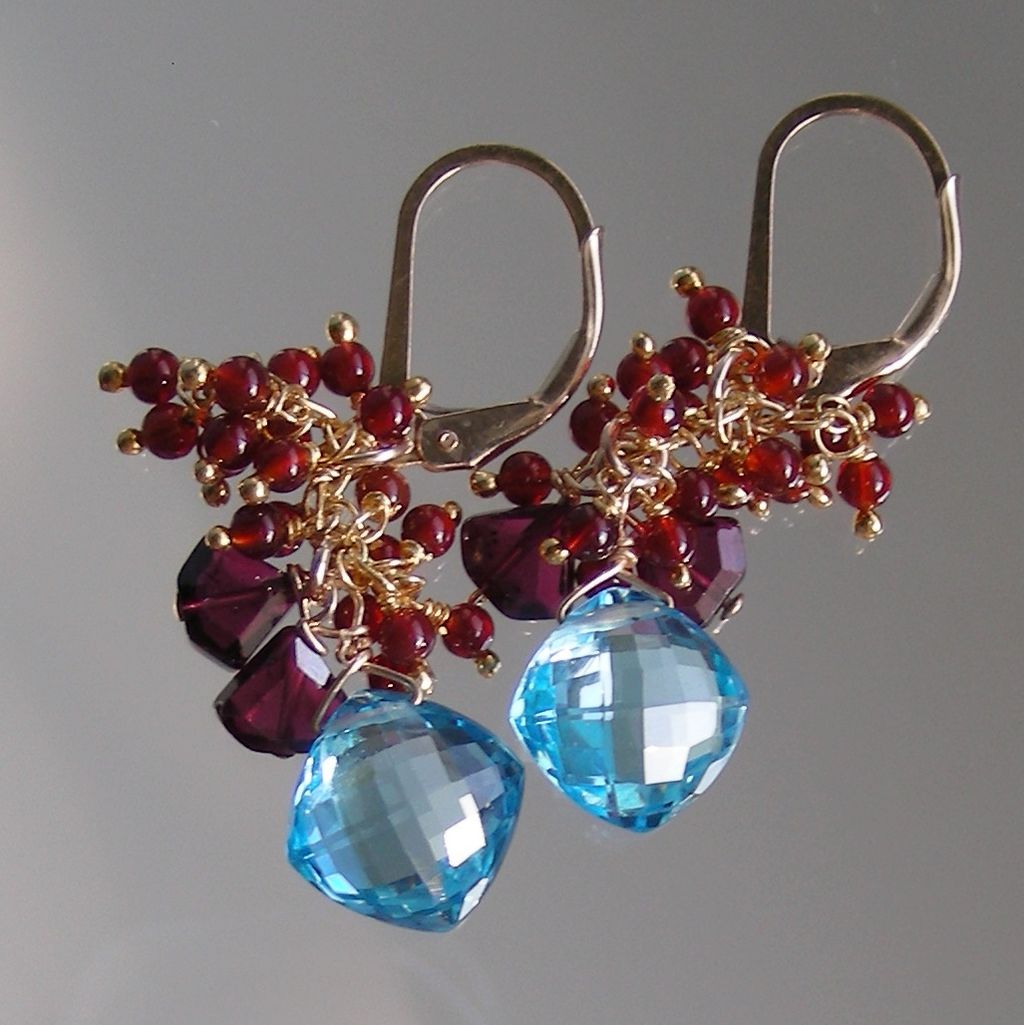 Swiss Blue Topaz and Garnet Cascade Earrings Swiss Blue Topaz and Garnet Cascade Earrings