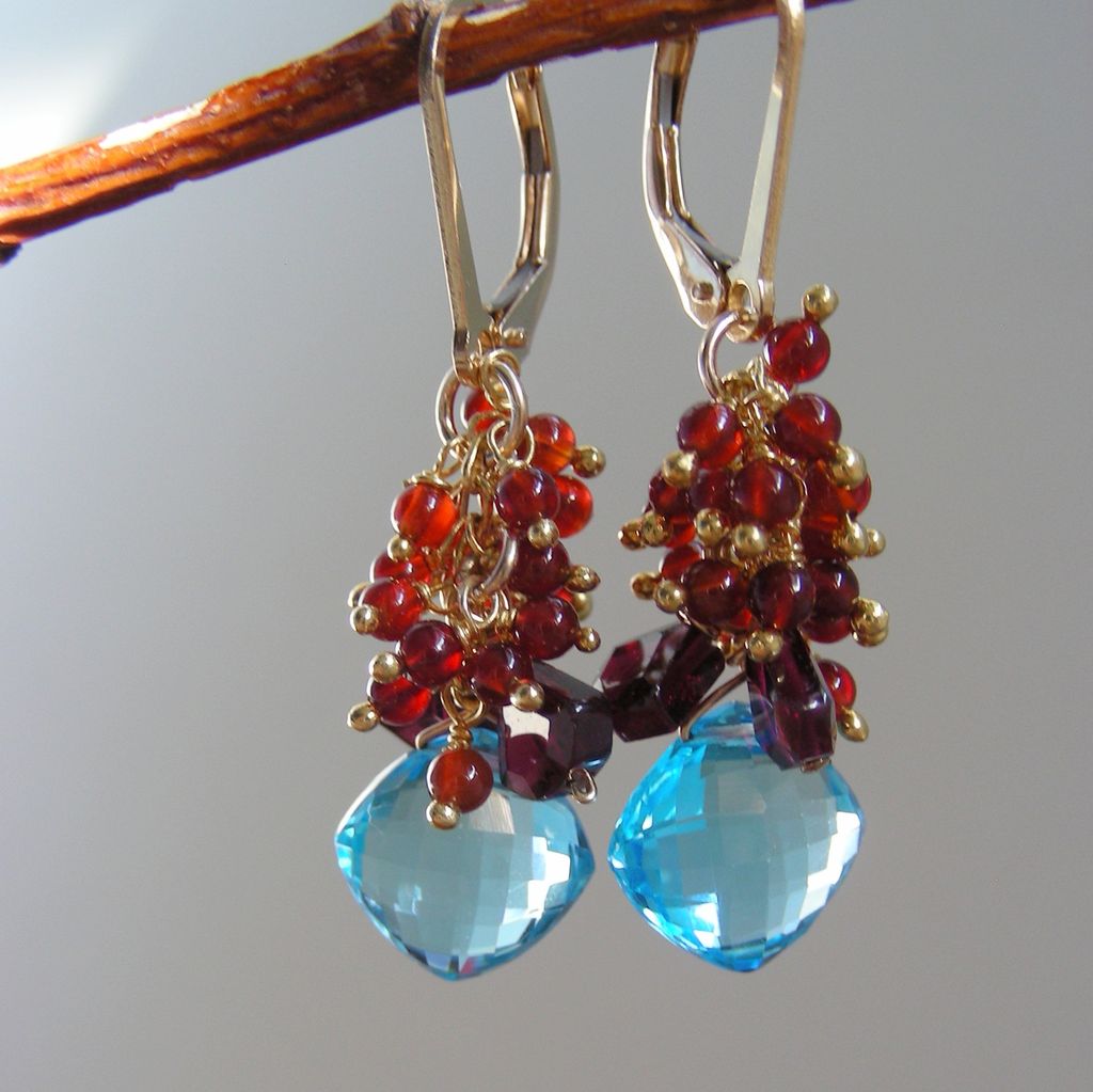Swiss Blue Topaz and Garnet Cascade Earrings Swiss Blue Topaz and Garnet Cascade Earrings