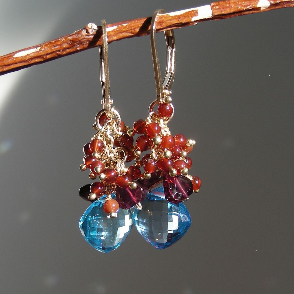 Swiss Blue Topaz and Garnet Cascade Earrings Swiss Blue Topaz and Garnet Cascade Earrings