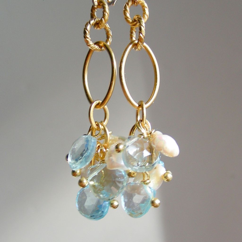 Blue Topaz Briolette and Keishi Pearl Drop Earrings Blue Topaz Briolette and Keishi Pearl Drop Earrings