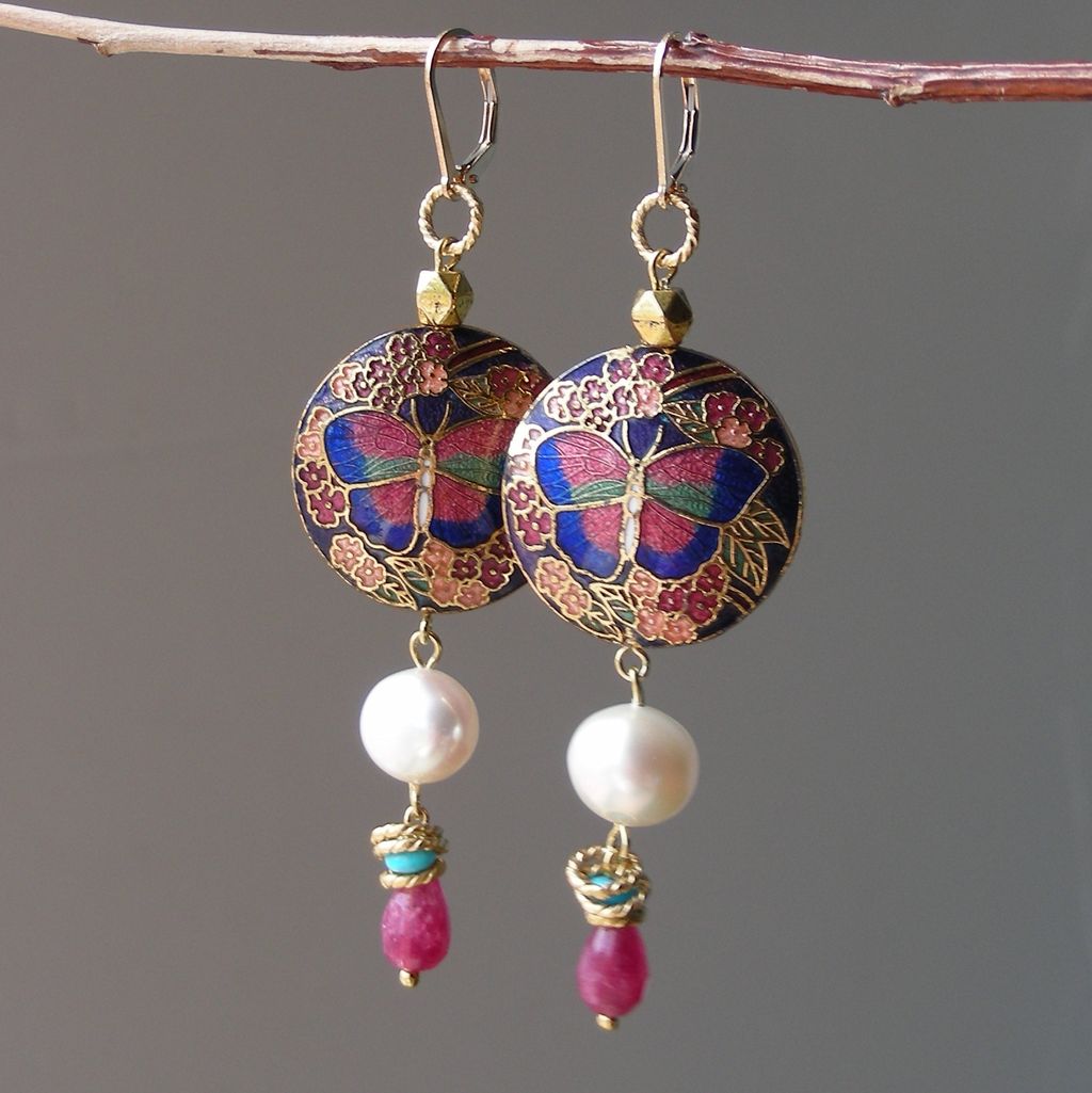 Cloisonne Butterfly, Pearl, and Agate Earrings Cloisonne Butterfly, Pearl, and Agate Earrings
