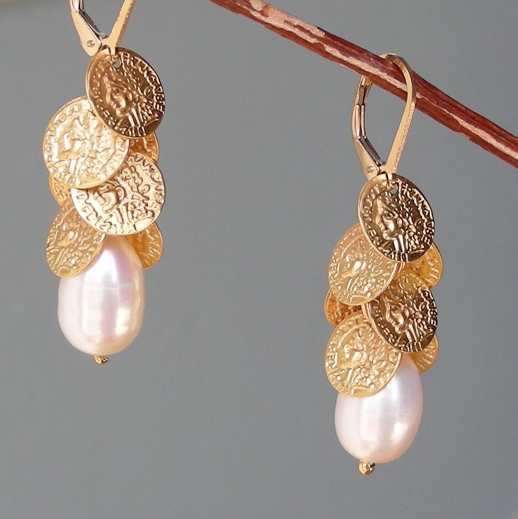 Baroque Pearl and Coin Discs Cascade Earrings Baroque Pearl and Coin Discs Cascade Earrings