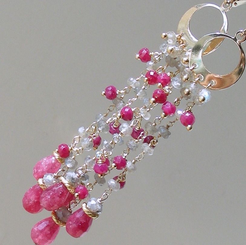 Ruby, Labradorite, and Agate Teardrop Fringe Chandelier Earrings Ruby, Labradorite, and Agate Teardrop Fringe Chandelier Earrings