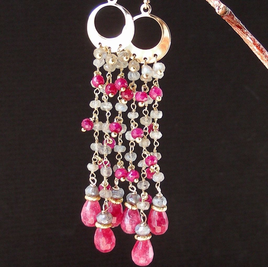 Ruby, Labradorite, and Agate Teardrop Fringe Chandelier Earrings Ruby, Labradorite, and Agate Teardrop Fringe Chandelier Earrings