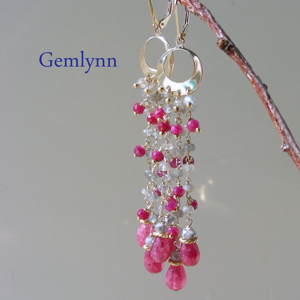Ruby, Labradorite, and Agate Teardrop Fringe Chandelier Earrings Ruby, Labradorite, and Agate Teardrop Fringe Chandelier Earrings