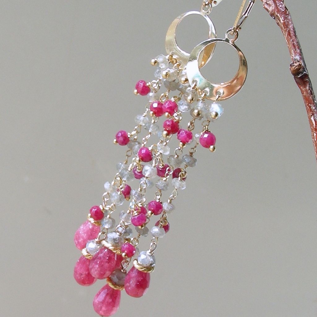 Ruby, Labradorite, and Agate Teardrop Fringe Chandelier Earrings Ruby, Labradorite, and Agate Teardrop Fringe Chandelier Earrings