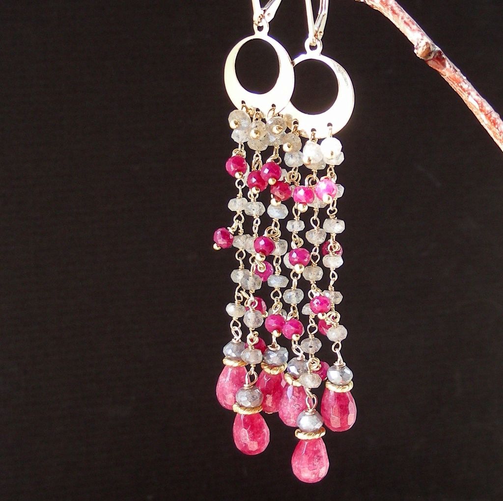 Ruby, Labradorite, and Agate Teardrop Fringe Chandelier Earrings Ruby, Labradorite, and Agate Teardrop Fringe Chandelier Earrings