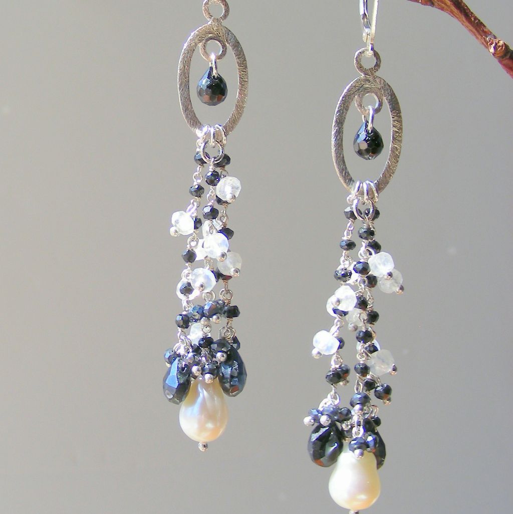 Moonstone, Black Spinel, Baroque Pearl Long Fringe Earrings Moonstone, Black Spinel, Baroque Pearl Long Fringe Earrings