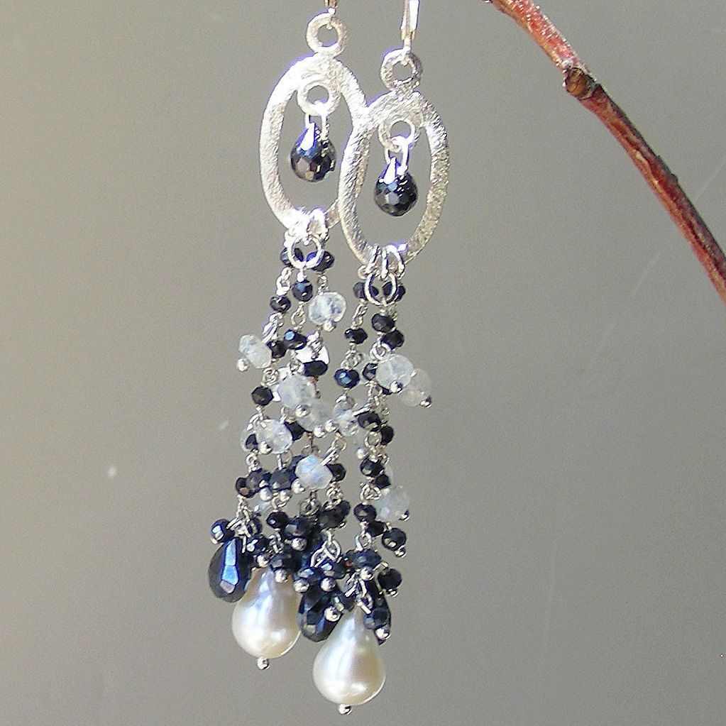 Moonstone, Black Spinel, Baroque Pearl Long Fringe Earrings Moonstone, Black Spinel, Baroque Pearl Long Fringe Earrings