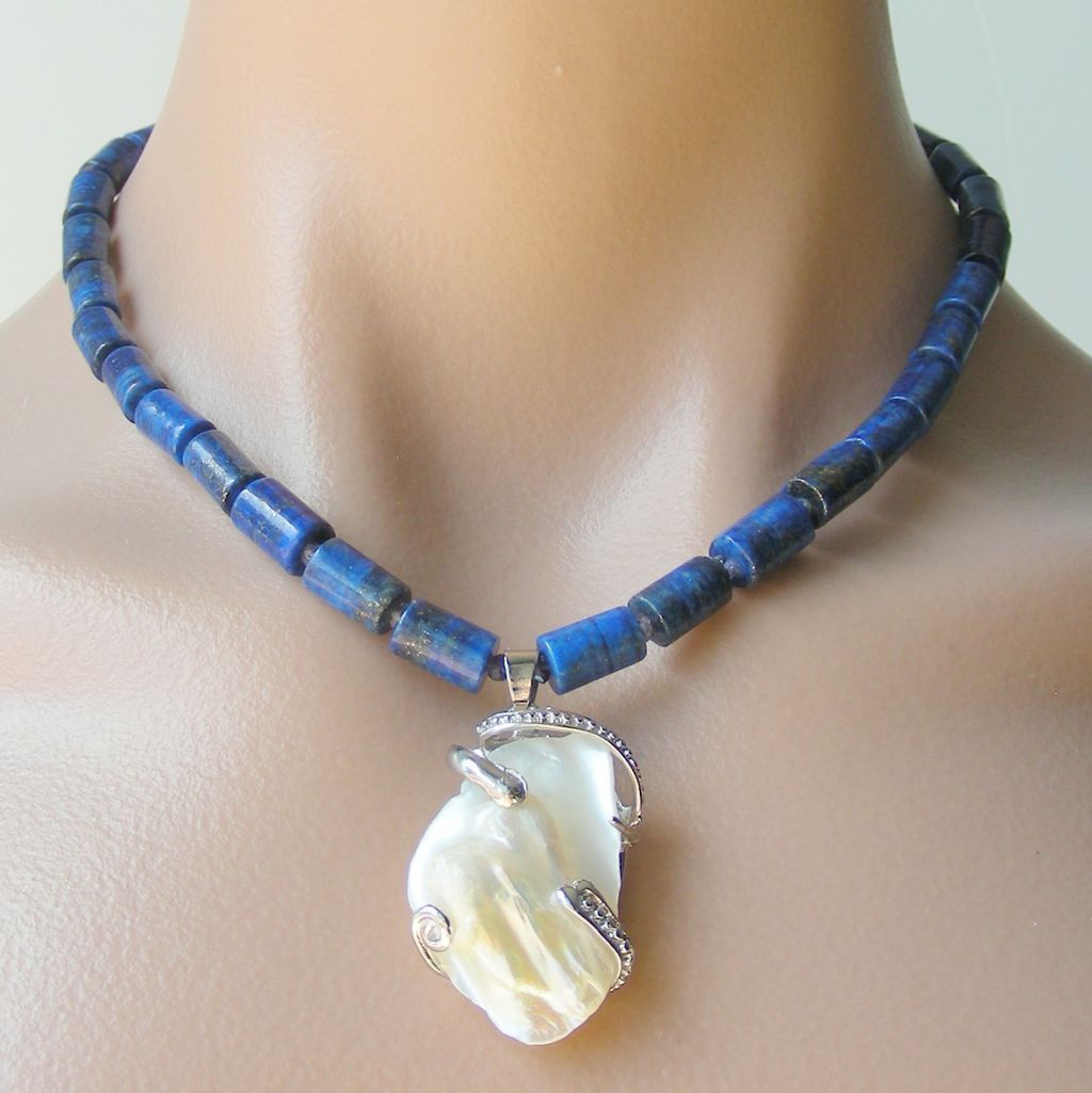 Clearance - Lapis Lazuli, Iolite, Baroque Pearl Pendant Necklace Clearance - Lapis Lazuli, Iolite, Baroque Pearl Pendant Necklace