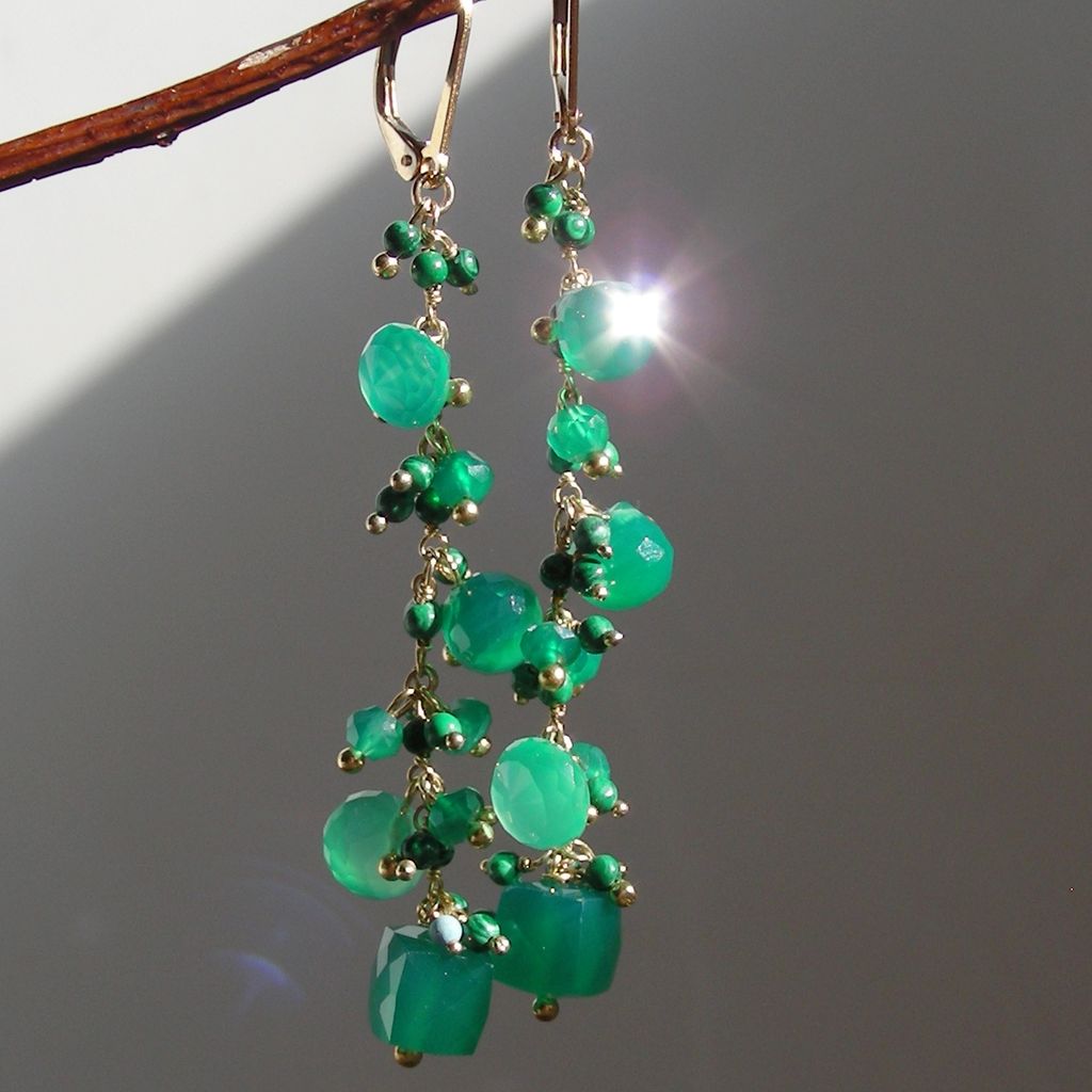 Emerald Green Onyx and Malachite Briolette Waterfall Earrings Emerald Green Onyx and Malachite Briolette Waterfall Earrings