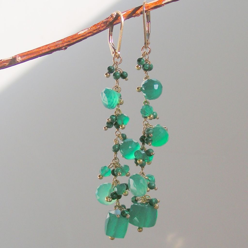 Emerald Green Onyx and Malachite Briolette Waterfall Earrings Emerald Green Onyx and Malachite Briolette Waterfall Earrings