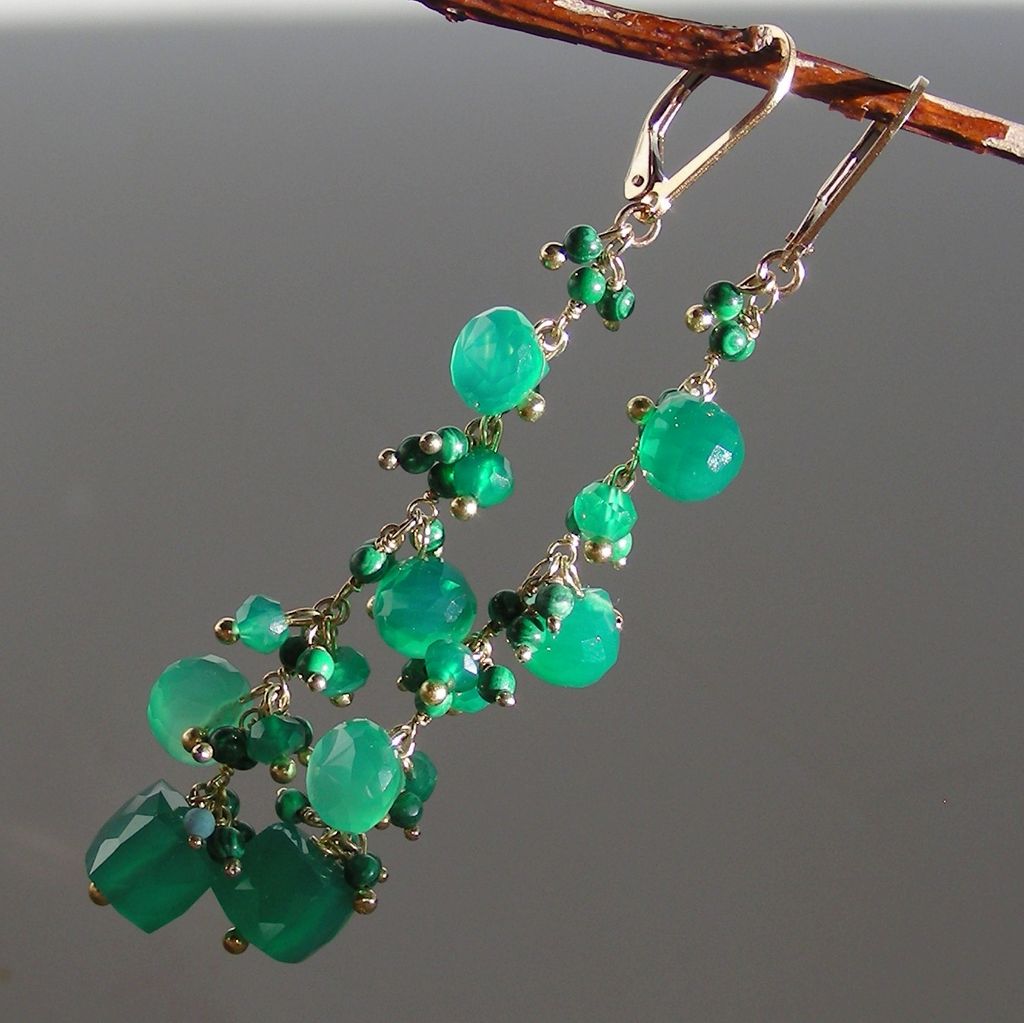 Emerald Green Onyx and Malachite Briolette Waterfall Earrings Emerald Green Onyx and Malachite Briolette Waterfall Earrings