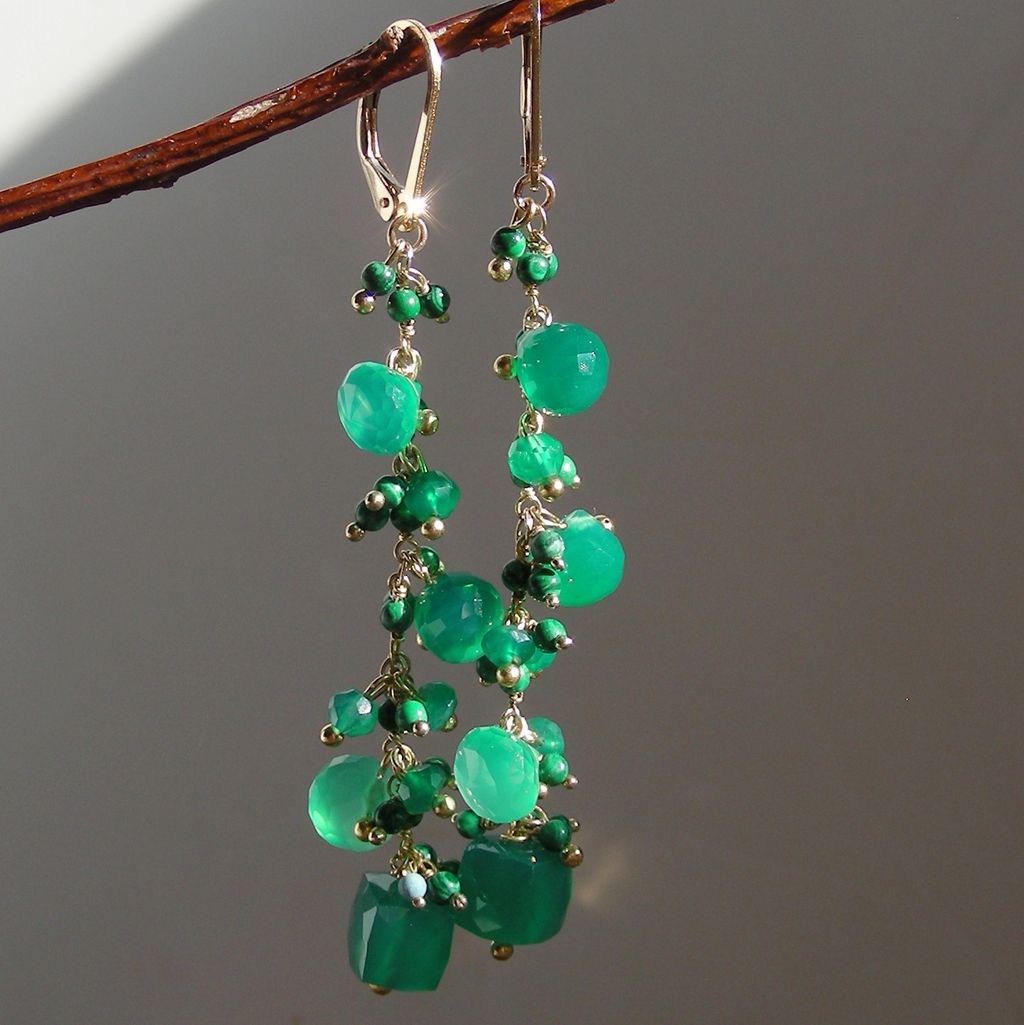 Emerald Green Onyx and Malachite Briolette Waterfall Earrings Emerald Green Onyx and Malachite Briolette Waterfall Earrings