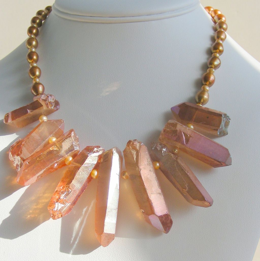 Rock Crystal Spikes and Golden Pearls Contemporary Necklace Rock Crystal Spikes and Golden Pearls Contemporary Necklace