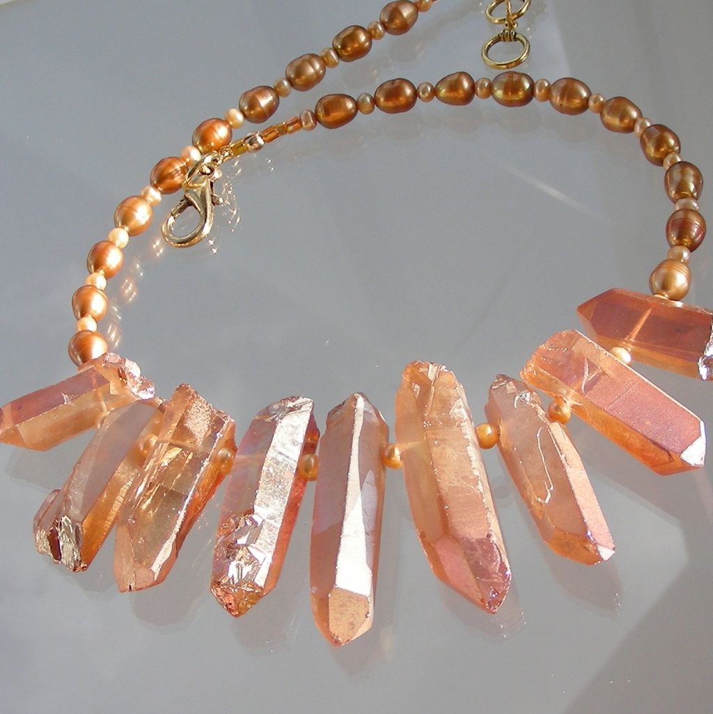 Rock Crystal Spikes and Golden Pearls Contemporary Necklace Rock Crystal Spikes and Golden Pearls Contemporary Necklace