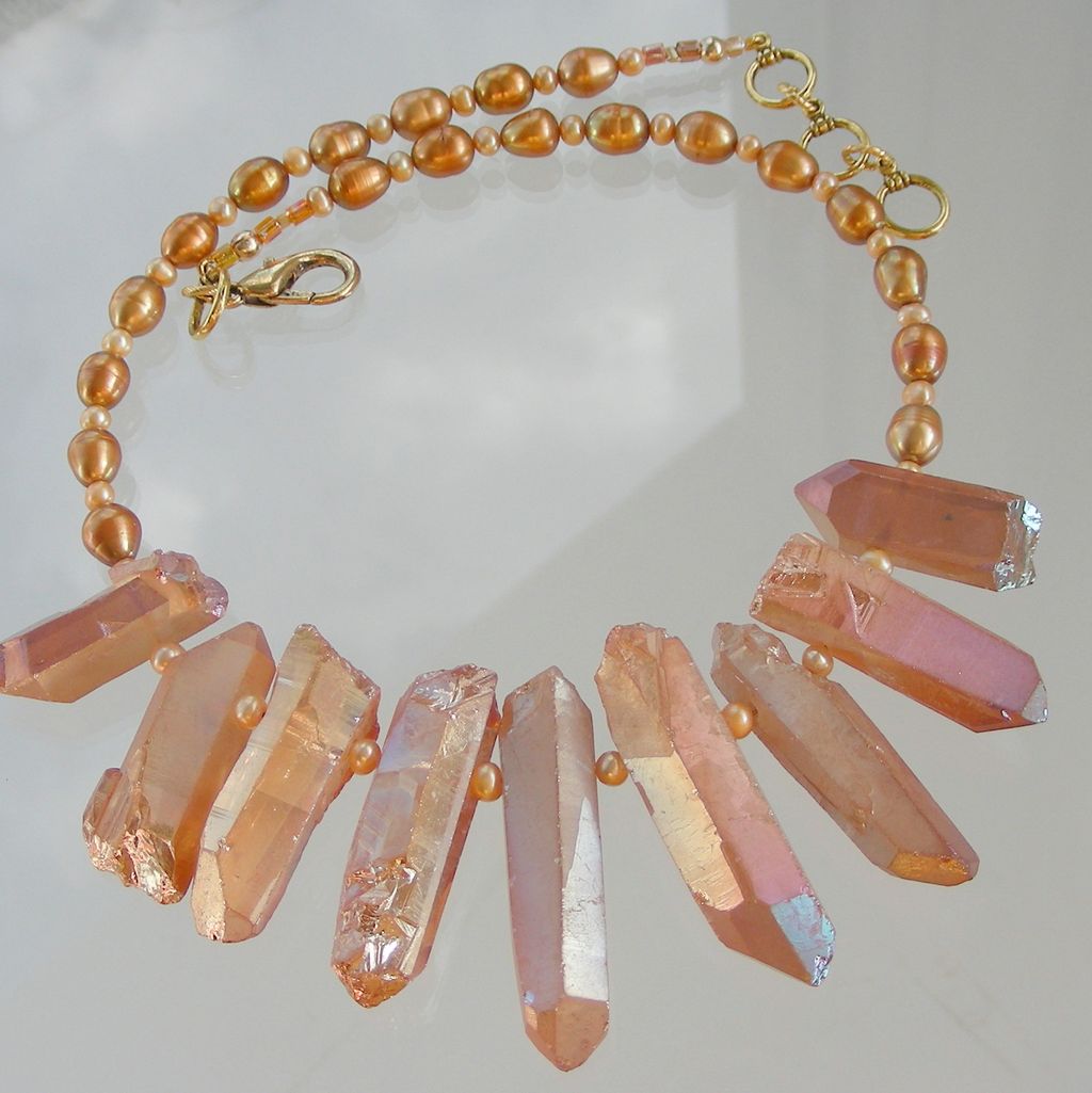 Rock Crystal Spikes and Golden Pearls Contemporary Necklace Rock Crystal Spikes and Golden Pearls Contemporary Necklace