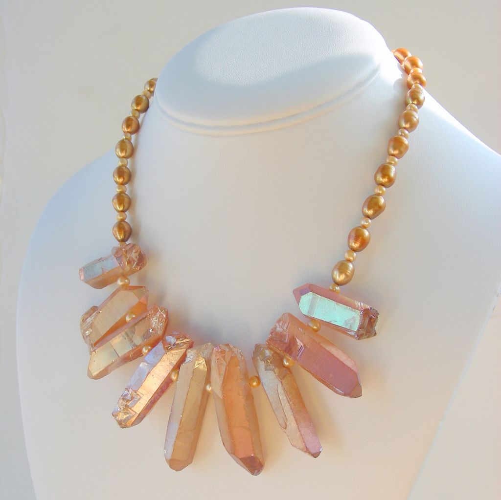 Rock Crystal Spikes and Golden Pearls Contemporary Necklace Rock Crystal Spikes and Golden Pearls Contemporary Necklace