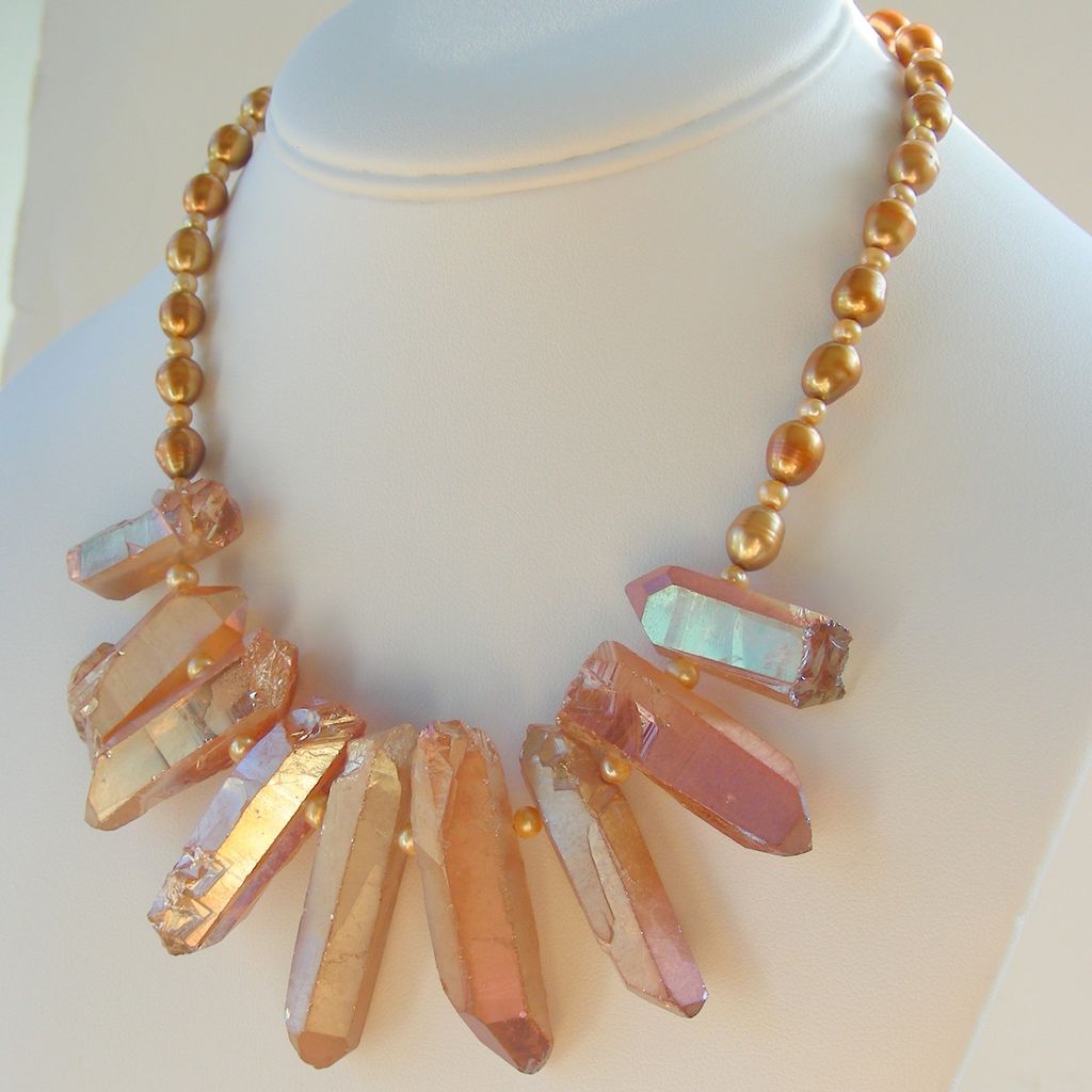 Rock Crystal Spikes and Golden Pearls Contemporary Necklace Rock Crystal Spikes and Golden Pearls Contemporary Necklace