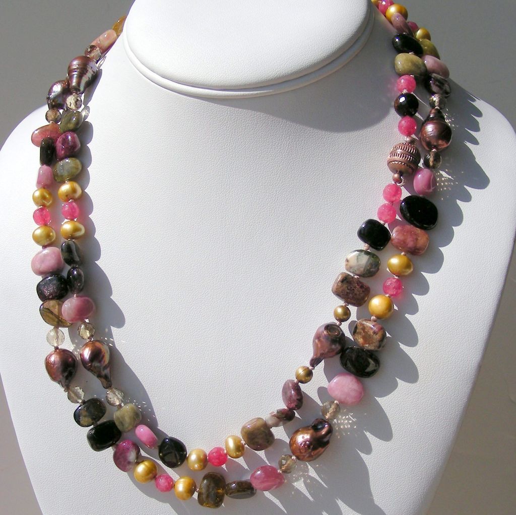 Tourmaline and Chocolate Baroque Pearls 41" Long Hand Knotted Necklace Tourmaline and Chocolate Baroque Pearls 41" Long Hand Knotted Necklace