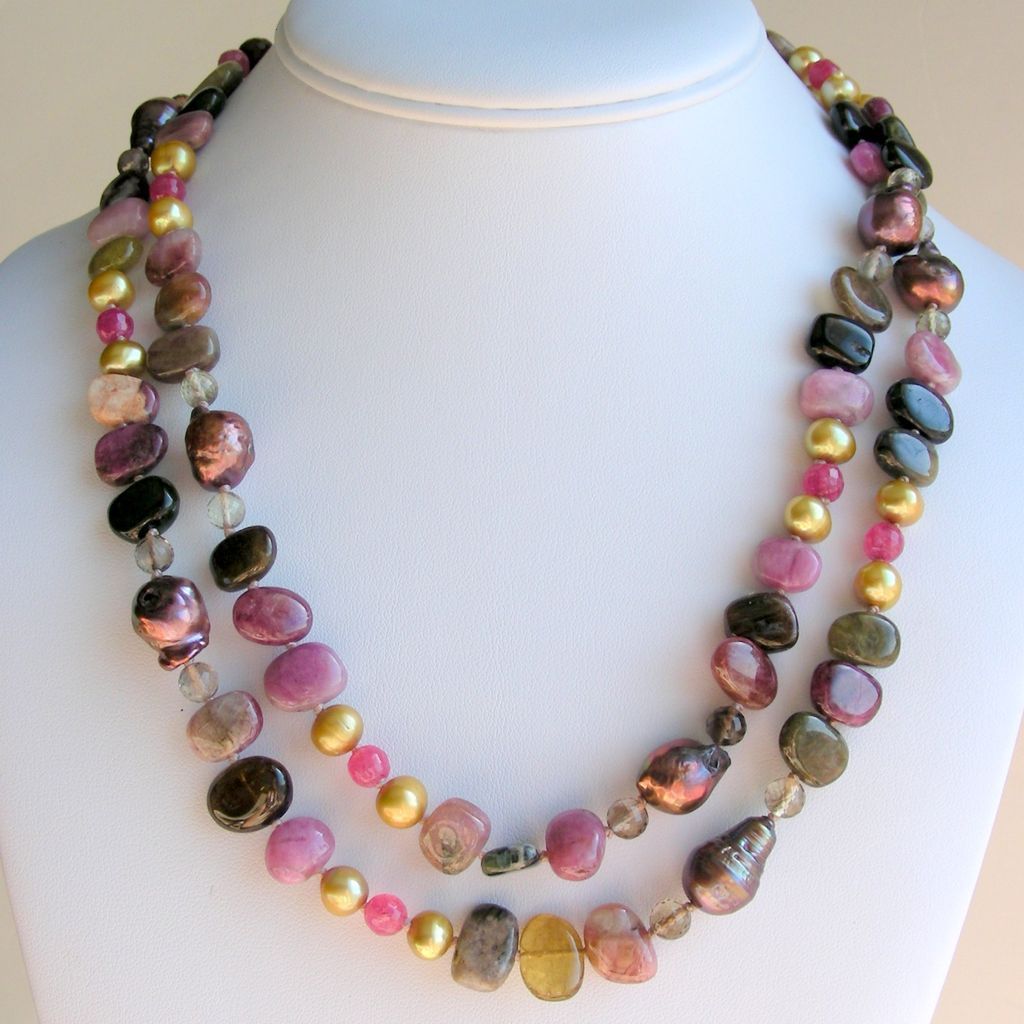Tourmaline and Chocolate Baroque Pearls 41" Long Hand Knotted Necklace Tourmaline and Chocolate Baroque Pearls 41" Long Hand Knotted Necklace