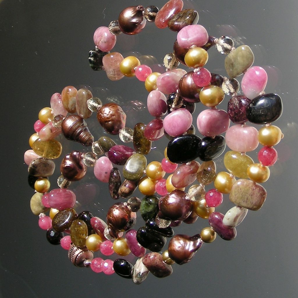 Tourmaline and Chocolate Baroque Pearls 41" Long Hand Knotted Necklace Tourmaline and Chocolate Baroque Pearls 41" Long Hand Knotted Necklace