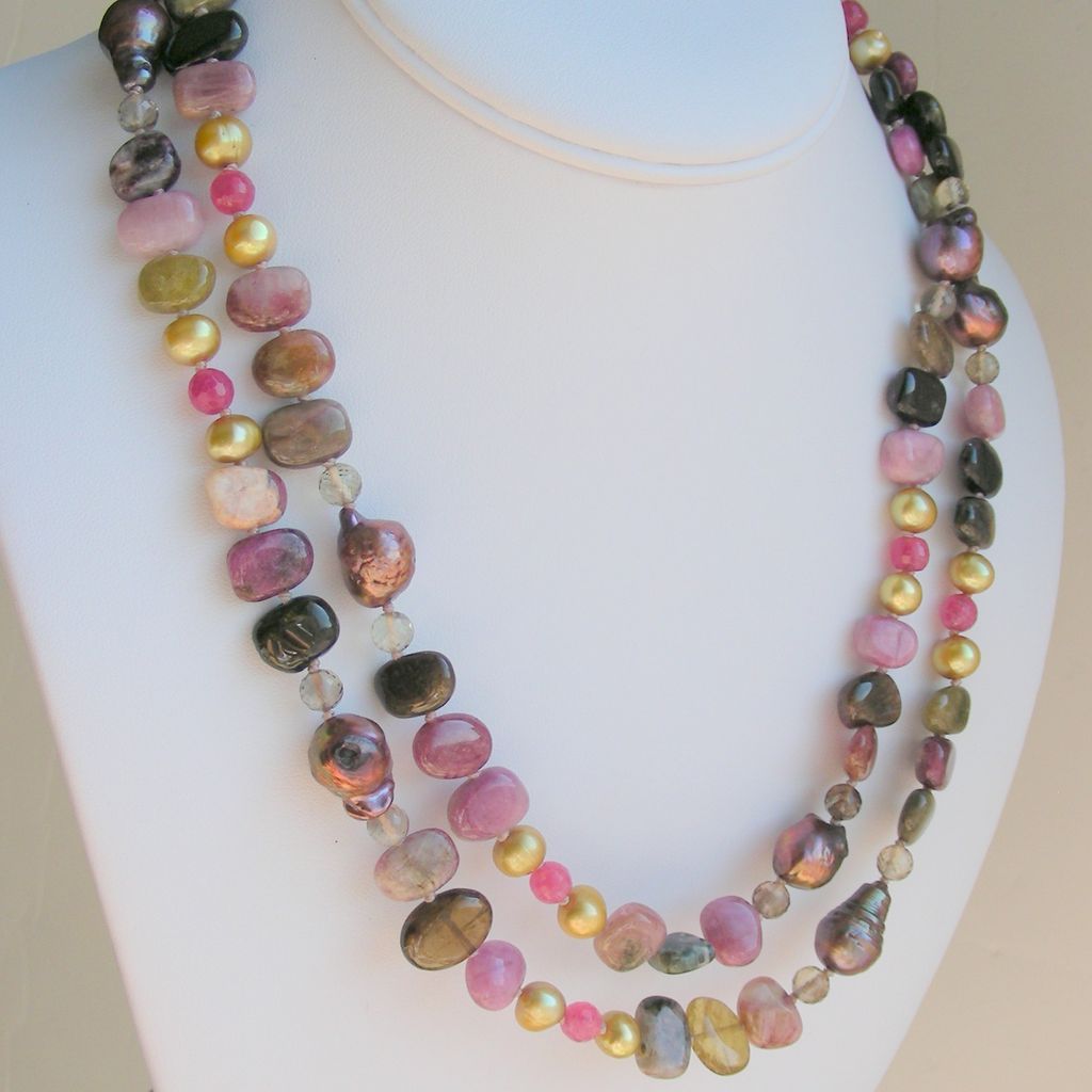 Tourmaline and Chocolate Baroque Pearls 41" Long Hand Knotted Necklace Tourmaline and Chocolate Baroque Pearls 41" Long Hand Knotted Necklace