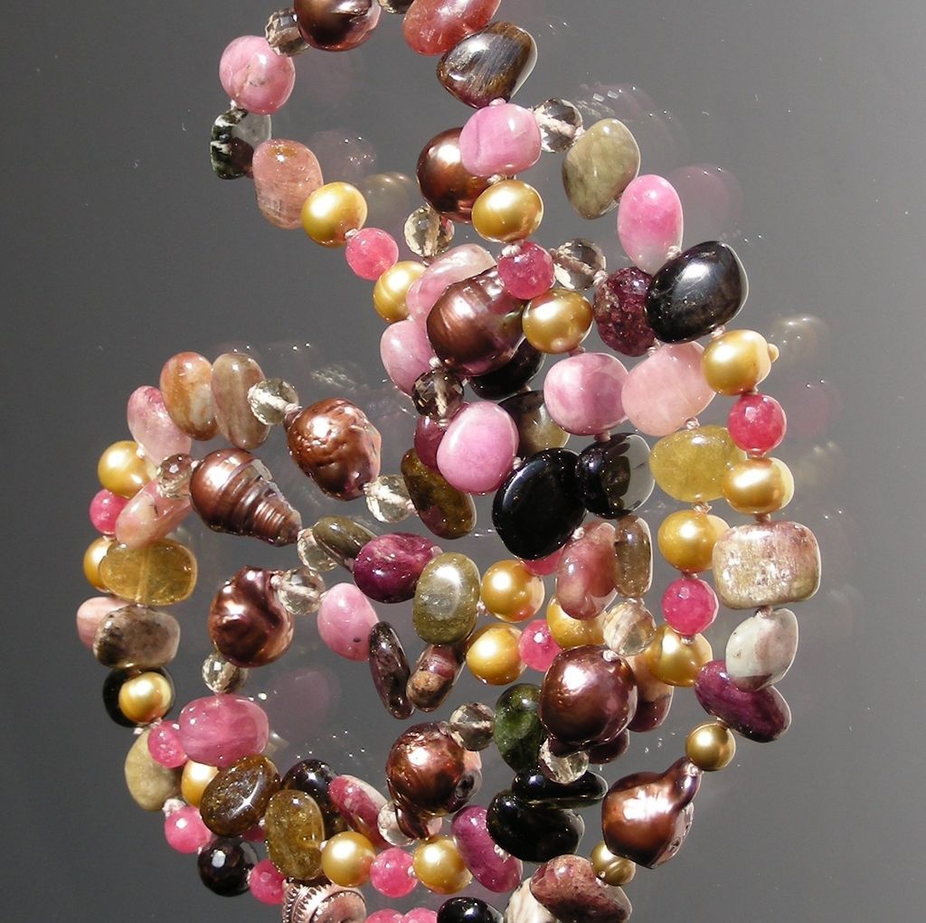 Tourmaline and Chocolate Baroque Pearls 41" Long Hand Knotted Necklace Tourmaline and Chocolate Baroque Pearls 41" Long Hand Knotted Necklace