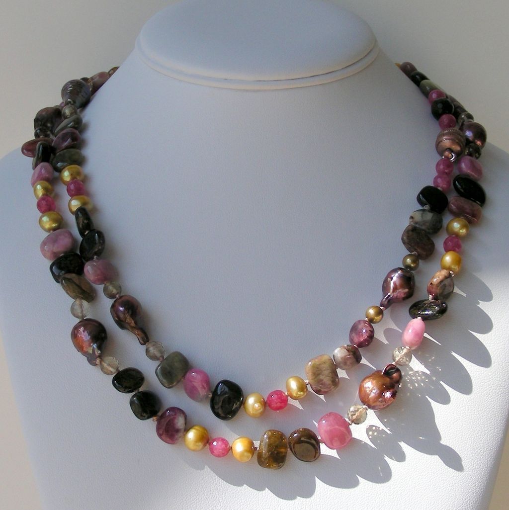 Tourmaline and Chocolate Baroque Pearls 41" Long Hand Knotted Necklace Tourmaline and Chocolate Baroque Pearls 41" Long Hand Knotted Necklace