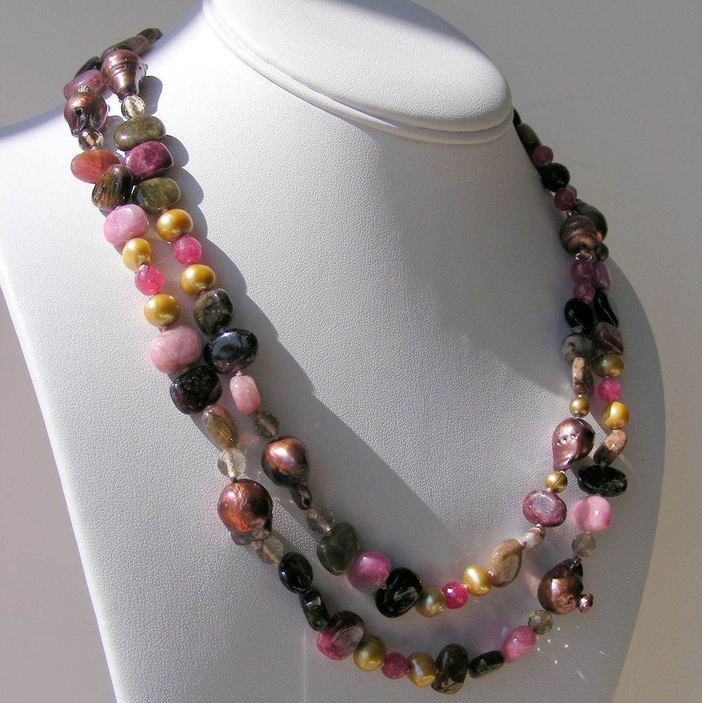Tourmaline and Chocolate Baroque Pearls 41" Long Hand Knotted Necklace Tourmaline and Chocolate Baroque Pearls 41" Long Hand Knotted Necklace