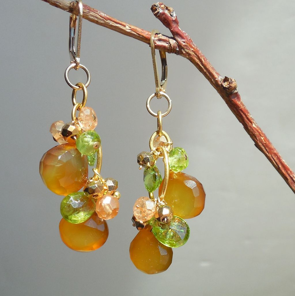 Peridot, Citrine, Pyrite, and Honey Chalcedony Briolette Earrings Peridot, Citrine, Pyrite, and Honey Chalcedony Briolette Earrings