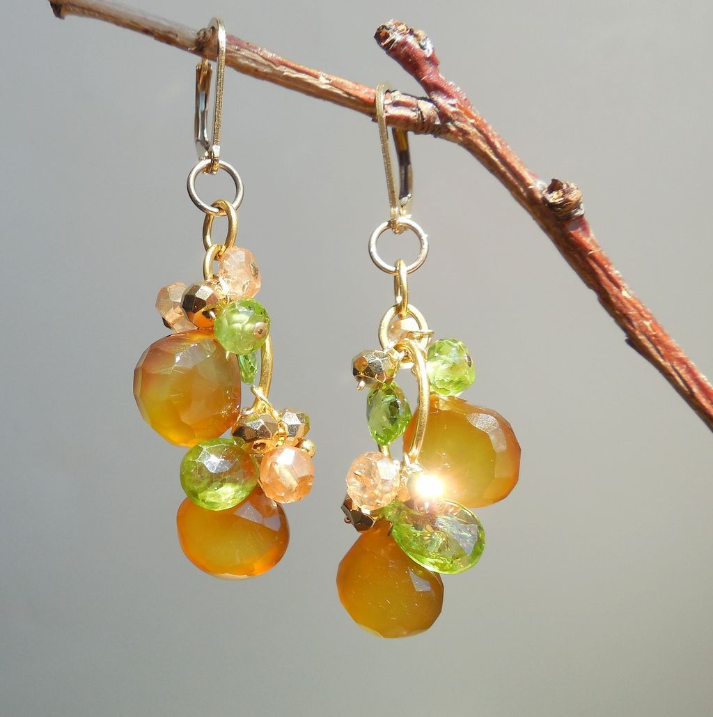 Peridot, Citrine, Pyrite, and Honey Chalcedony Briolette Earrings Peridot, Citrine, Pyrite, and Honey Chalcedony Briolette Earrings