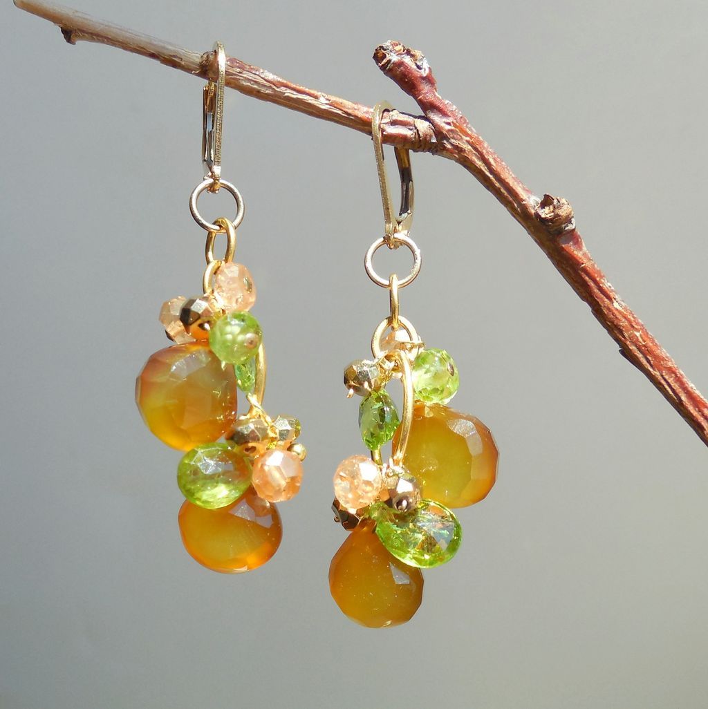 Peridot, Citrine, Pyrite, and Honey Chalcedony Briolette Earrings Peridot, Citrine, Pyrite, and Honey Chalcedony Briolette Earrings