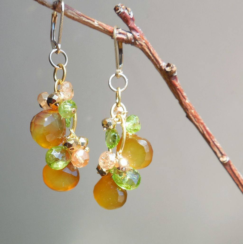 Peridot, Citrine, Pyrite, and Honey Chalcedony Briolette Earrings Peridot, Citrine, Pyrite, and Honey Chalcedony Briolette Earrings