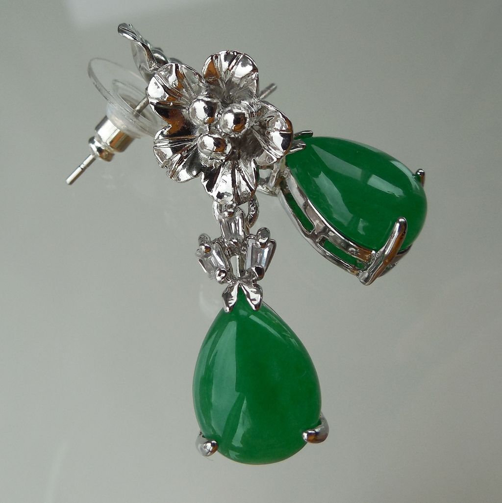 Jade Green Post Earrings with Crystal Baguettes Jade Green Post Earrings with Crystal Baguettes