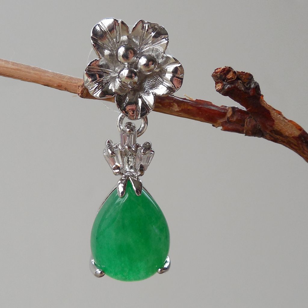 Jade Green Post Earrings with Crystal Baguettes Jade Green Post Earrings with Crystal Baguettes