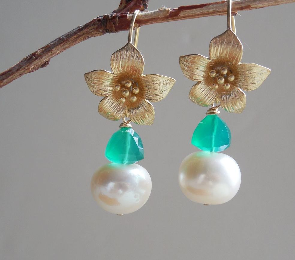 Emerald Green Onyx and Freshwater Pearl Flower Drop Earrings - Clearance Emerald Green Onyx and Freshwater Pearl Flower Drop Earrings - Clearance