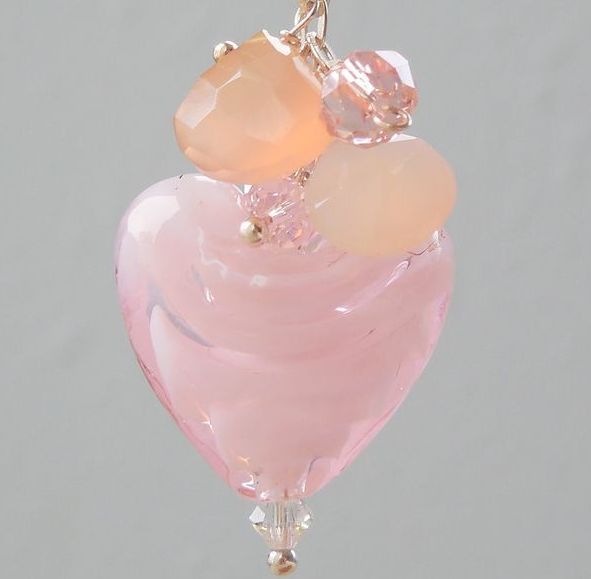 RESERVED - Pretty in Pink Glass Heart Chalcedony Crystal Earrings RESERVED - Pretty in Pink Glass Heart Chalcedony Crystal Earrings