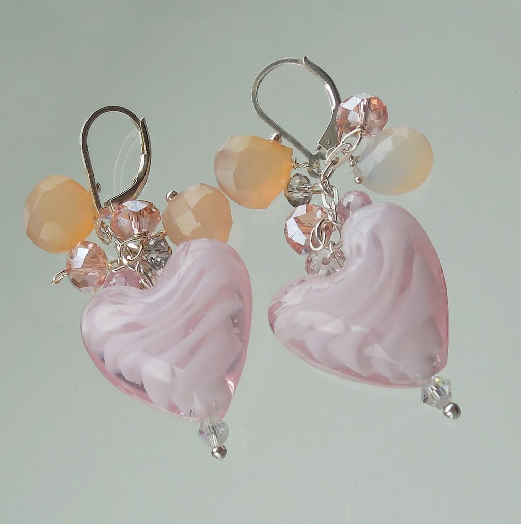 RESERVED - Pretty in Pink Glass Heart Chalcedony Crystal Earrings RESERVED - Pretty in Pink Glass Heart Chalcedony Crystal Earrings