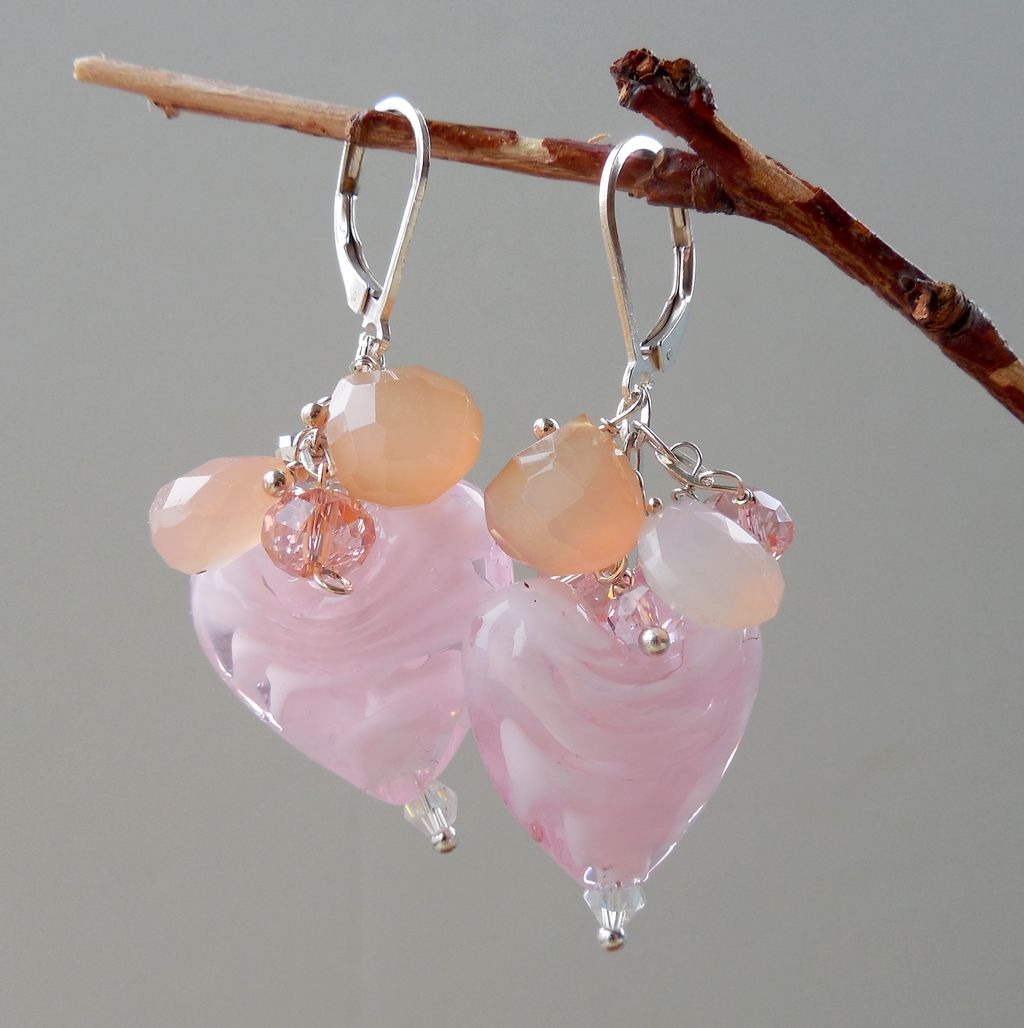RESERVED - Pretty in Pink Glass Heart Chalcedony Crystal Earrings RESERVED - Pretty in Pink Glass Heart Chalcedony Crystal Earrings