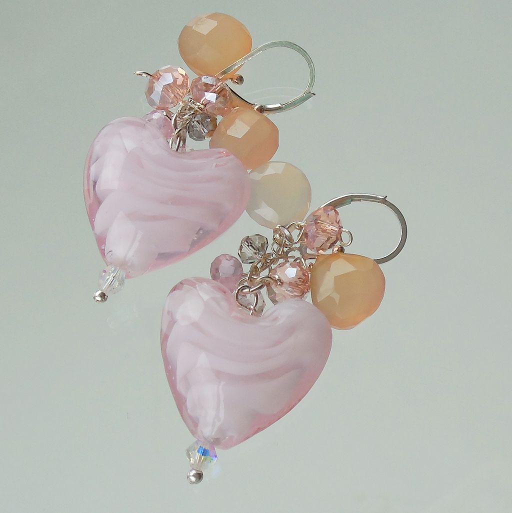 RESERVED - Pretty in Pink Glass Heart Chalcedony Crystal Earrings RESERVED - Pretty in Pink Glass Heart Chalcedony Crystal Earrings