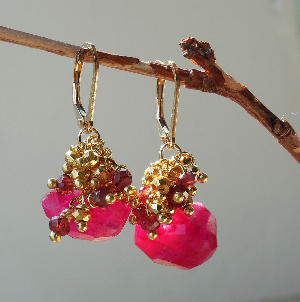 Garnet, Ruby Moonstone, and Pyrite Waterfall Earrings Garnet, Ruby Moonstone, and Pyrite Waterfall Earrings