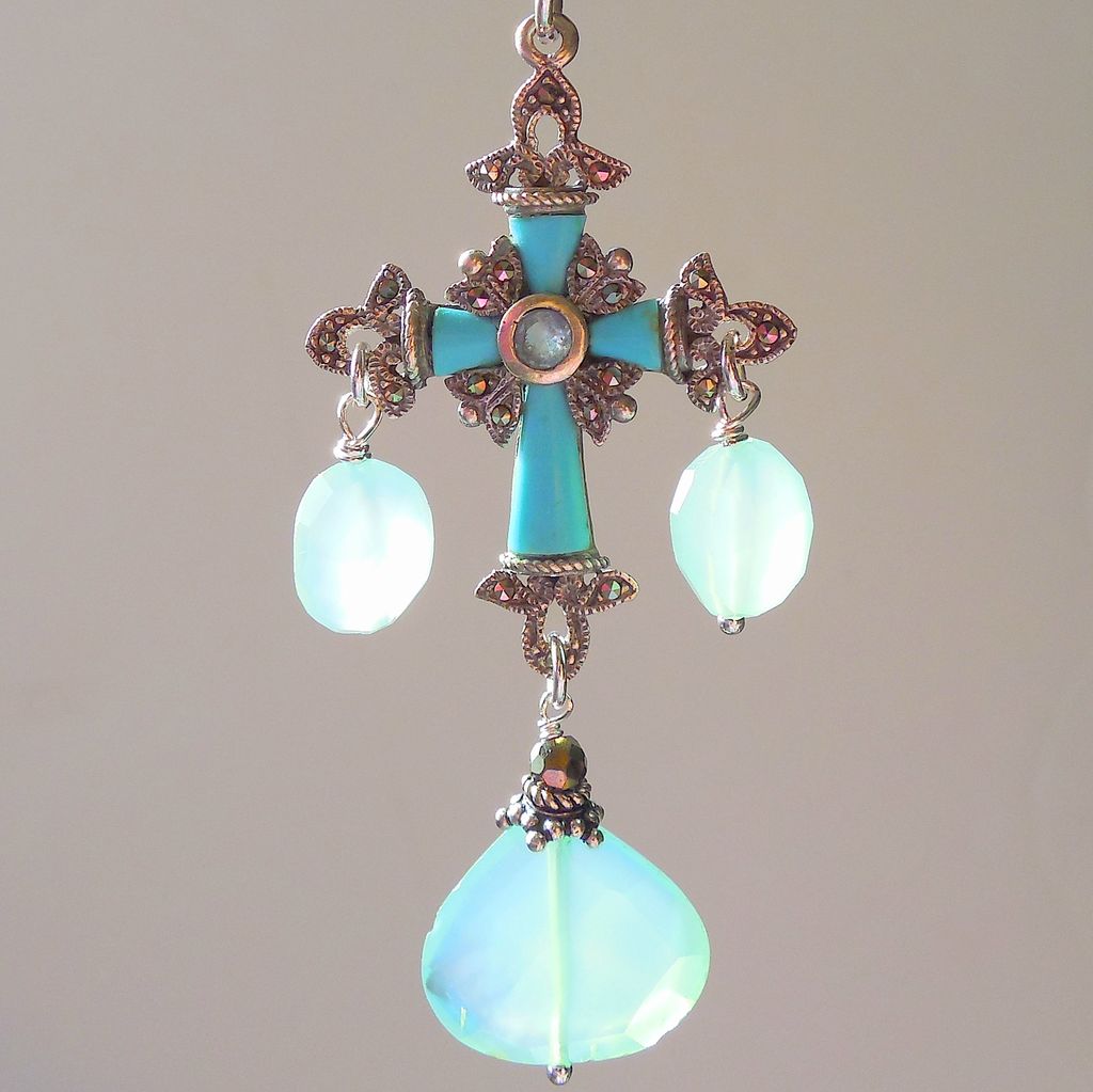 Cross Pendant - Marcasite and Sea Foam Green Chalcedony Cross Pendant - Marcasite and Sea Foam Green Chalcedony